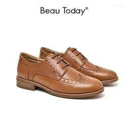 Casual Shoes Brogue Women Genuine Calfskin Leather Round Toe Cross-Tied Classical Flats Fashion Lady Handmade BeauToday 21414