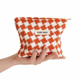 djdf Orange Plaid Women's Cosmetic Bag Small Double Canvas Portable Zipper Lipstick Storage Bag Commuter Coin Purse Card Holder A2e2#