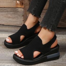 Sandals Summer Women 2024 Comfortable Solid Color Breathable Knitted Mesh Thick Wedge Heel Outdoor Female Shoes Zapatos