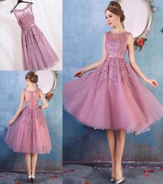 Ball Gown Princess Illusion Neckline Knee Length Lace Cocktail Party Dress with Beading Crystal Detailing Flowers Lace Pearl Det9048670