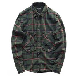 Men's Casual Shirts Spring and Autumn America Retro Long-Sleeve Lapel Cargo Plaid Shirt Mens Fashion Pure Cotton Washed Big Pocket Blouses 240416