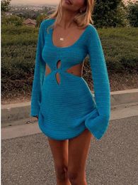 Casual Dresses Women Crochet Knitted Long Sleeve Dress Hollow Out See Through Cover Up Mini Sexy Cutout Backless Bodycon
