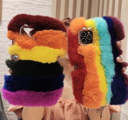 Luxury Winter Fashion Colourful Rainbow Super Soft Real Rabbit Fur Case Cover For iPhone 12 Mini 11 Pro Max XS Max XR X 8 7 6 6S Pl9561727