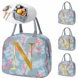 flamingo Pattern Cooler Lunch Box Portable Insulated Canvas Lunch Bag Thermal Food Picnic Lunch Bag for Women Kids Letter Series m6Kl#