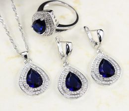 Bague Ringen Water Drop Shaped Sapphire Silver 925 Jewelry Sets for Women Blue Gemstones Ring Earrings Necklace Bracelet Wedding M4850777