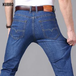 Calça de jeans de jeans de kubro calças finas de verão ralado jean baggy trabalho casual jeans calça alta elasticidade de alta perna larga machos 240415