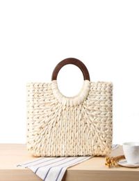Evening Bags Straw Bag Wooden Handle Natural Retro Summer Beach Tote Handwoven Woven Rattan Wicker For Ladies Travel6545627