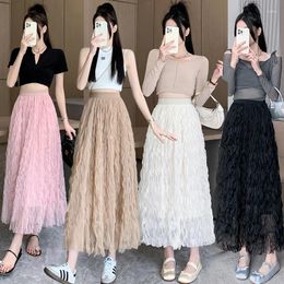 Skirts Women Long Skirt Summer 2024 Office Lady French Style Casual Flounced Solid Patchwork Folds High Waist Mesh Khaki