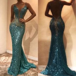 Prom Dresses Hunter Green V Neck See Through Sequined Beaded Long Custom Made Evening Gowns Backless Party Dress