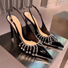 Crystal chandelier decoration Slingback calfskin patent Leather Pumps shoes sky-high stiletto Heels pointed toe sandals women's Luxury Designer Dress Evening shoe