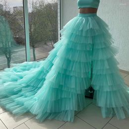 Skirts High Waist Cyan Tulle Ball Gown With Slit Layered Fluffy Evening Skirt Train Custom Made Colour Prom Ever Pretty