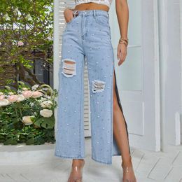 Women's Jeans 2024 For Women Trendy 90s Fashion Ripped Side Slit High Waist Denim Straight Leg Pants Female Y2K Streetwear