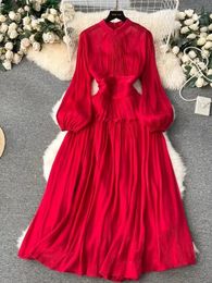 French Luxury Folds Wedding Formal Occasion Dresses For Womens Stand Puff Sleeve Chic A-line Pleated Shine Robe Clothes Holiday 240410