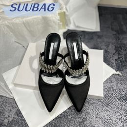 Baotou Slippers For Women Free Shipping With Shoe Box New Summer Style Pointed Toe Stiletto Heel With Rhinestone Chain Satin Mules Hollow Back Half Drag High Heels