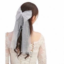 elegant Bridal Bow Veil with pearl Bridal Wedding Headdr Short Veil Back Head Decor Hair Accories x4U6#