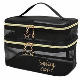large-capacity Black Mesh Makeup Case Organizer Storage Pouch Casual Zipper Toiletry W Bags Make Up Women Travel Cosmetic Bag K8e3#