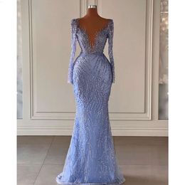 Abschlussball lange blaue Ärmel gegen Nacken glänzende Apparien Pailletten Perlenkleider Satin Spitze Rüschen bodenlange Abendkleid Plus Größe Mitte gemacht