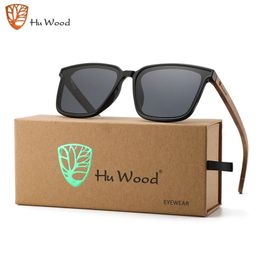 Hu Wood Square Men Women Sunglasses Polarised Sun Glasses Blue Lenses Wooden Legs Shades Uv400 GR8052 240403