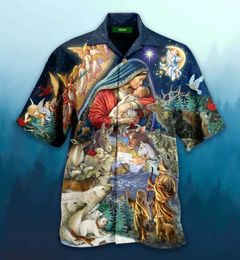 Men's Casual Shirts Hawaii Shirt 3D Print Jesus Short-sleeves Mary Cuban Beach Wear Vintage Style for Men And Women 240417