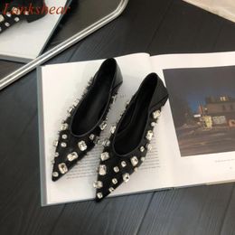 Casual Shoes Pointed Toe Square Diamond Women Flat Sole Solid Shallow Blingbling Fashion Sexy Party Heel 2024 Arrivals