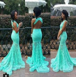 Graceful Turquoise Lace Mermaid Prom Dresses 2016 V Neck Backless Evening Gowns See Through Lace Sweep Train Formal Party Dresses1221699