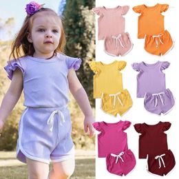 Clothing Sets 1-5years Kid Baby Girl Summer Outfit Ribbed Knitted Ruffled Sleeve Top Drawstring Shorts Set 2pcs Girls Clothes