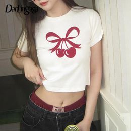 Women's T Shirts Korean Fashion Cherry Printed Crop Top Cutecore Short Sleeve Tee Women Summer Preppy Style Girls T-shirt Slim