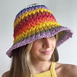 Crochet Handmade Bucket Hat Summer Weaving Knitted Sun Hat for Women Trendy Y2K Fashion Korean Flowers Spring Beanies Basin Cap 240412