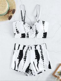 Women's Swimwear Highwaist Drawstring Shorts Bikinis Set Punk Print Swimsuit Boxers Push Up Women 2 Piece Tankini BeachWear Bathing Suit