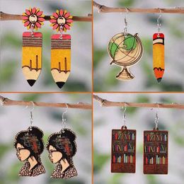 Dangle Earrings Daisy Sunflower Pencil Globe Brain Library Bookcase Student Teacher Double Sided Wood Ear Ring Gift