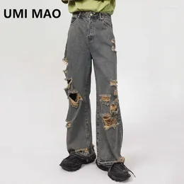 Men's Jeans UMI MAO Autumn Casual Men Korean Fashion Personalised Straight Tube Hole Male Trousers Vintage Wide Leg Pant