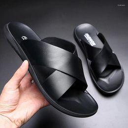 Slippers Leather For Men El Beach Summer Shoes High Quality Big Size Slip On Light Flats Male Flip Flops 2024