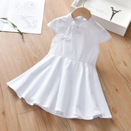 Girls' dress summer new Chinese style disc buckle short sleeve ancient white skirt children's dress style big swing skirt