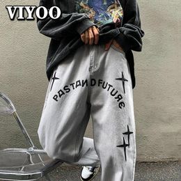 Men's Jeans Y2K Emo Clothes Embroidery Pocket Wide Cargo Pants Trousers Baggy Denim For Men Clothing Streetwear