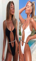 Brazilian one piece Swimsuit String Monokini 2020 Sexy High cut Bikini Deep V Swimwear Ring Chain Bodysuits Swim suit 53345678527