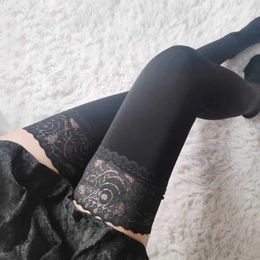 Sexy Socks 80D Velvet Leg Warmers For Spring Autumn Women Sexy Lace Top Silicone Hold Up Thigh High Stockings Stretchy Nylon Socks 240416