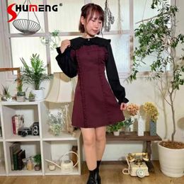 Casual Dresses Japanese Style Cute Wine Red Ruffled Sling Midi Dress For Women Spring Sweet Ladies Sleeveless Mid-legnth Suspenders