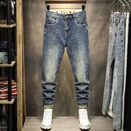 Men's Jeans Fashion Designer Slit High-quality Retro Blue Elastic Slim Fit Pants Patchwork Denim Homb