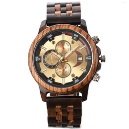 Wristwatches Men's Quartz Analog Watches Day And Date Display Lightweight Handmade Wood Strap Luminous