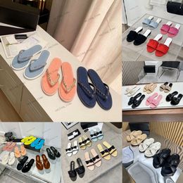 Crystal Buckle Chain Thong Sandal Brand NEW Flip Flops for Women 2024 Interlocking C Denim Blue Flip Flops Canvas Strap Slides camellia Bow Paris Summer Shoes 35-43