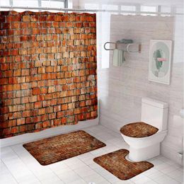 Shower Curtains 4Pcs Vintage Brick Wall Curtain Set For Bathroom Fabric Screen Anti-slip Bath Mat Toilet Lid Cover Carpet Rug Home Decor