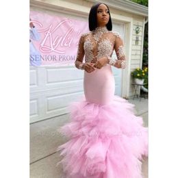 Pink Prom Gorgeous Dresses Tier Ruffles Sexy Mermaid Sheer Long Sleeve High Neck With Beads Appliques Black Girls Graduation Evening Gowns BC