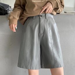 Women's Shorts Grey High Waist Casual Wide Leg Pu Short Pants Woman 2024 Autumn Winter Loose Knee Length Washed Leather