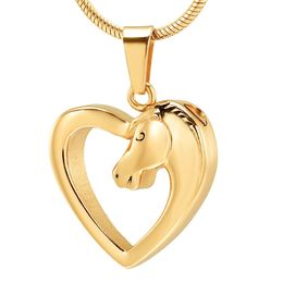 IJD10044 Gold Heart Cremation Necklace Horse Head Inlay Memorial Urn Locket Loss of Love Stainless Steel Cremation Jewelry281D