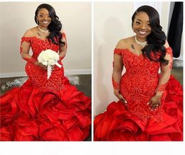 Illusion Long Sleeve African Evening Formal Dresses 2020 Cascading Ruffles Red Lace Beaded Plus Size mermaid Prom Party Gowns Vest6887404