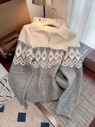 Women's Knits Women Basic Cardigan Polo Collar Sweater Autumn Winter Long Sleeve Geometric Graphic Design Knitted Pullover 90s Fashion