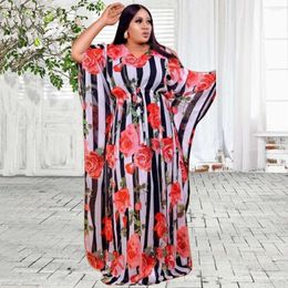 Ethnic Clothing Bobo African Dresses For Women V-collar Long Sleeve Maxi Femme Vestidos Kaftan Flowers Print Stripe Summer Design Robe Gowns