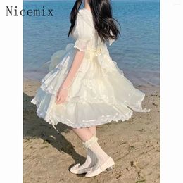 Party Dresses Cute Princess Birthday For Women Kawaii Girls Bow Lolita Daily White Dress Short Sleeve Waist Slim Fluffy