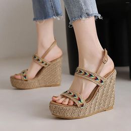 Sandals 2024 Summer Korean Edition Slope Heel Imitation Grass Weaving Thick Sole Water Proof Tan Wedge For Women