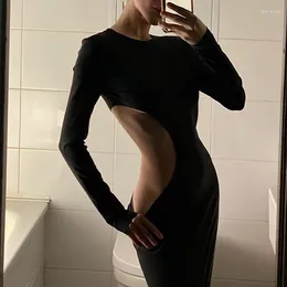 Casual Dresses Sexy Black Cut Out Round Neck Long Dress Women Elegant Sleeve Club Party 2024 Spring Skinny Clothes
